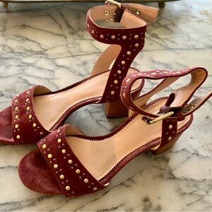 J.Crew Burgundy Studded Block Heel Ankle Strap Sandals 6 1/2.